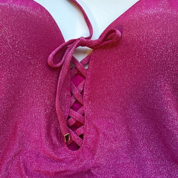 NWT Bar III Shimmer Lace-Up One-Piece Swimsuit, in shimmer pink Size M - Picture 4 of 8